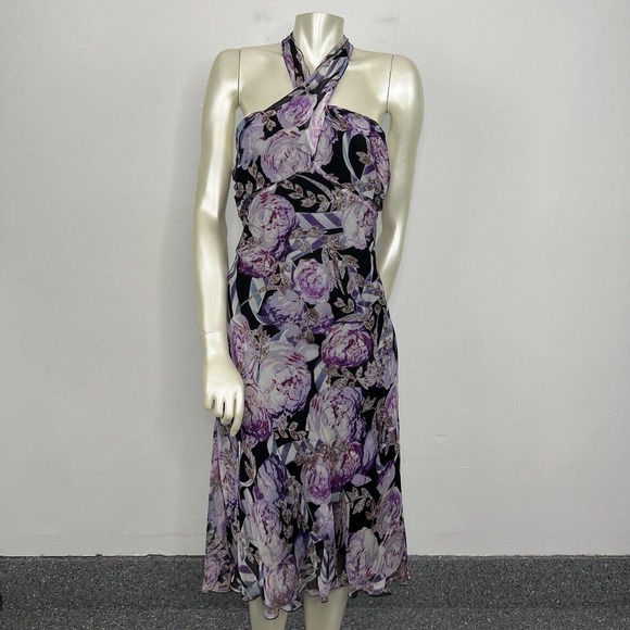 Diane Von Furstenberg Dresses & Skirts - Diane Von Furstenberg Silk Dress Black/purple Floral Halter Open Back Sz 8
